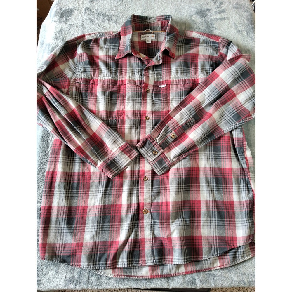 Carhartt Force Mens 2XL Red Grey Plaid Flannel Long Sleeve Button Down WorkShirt
